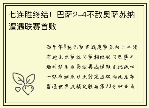 七连胜终结！巴萨2-4不敌奥萨苏纳 遭遇联赛首败